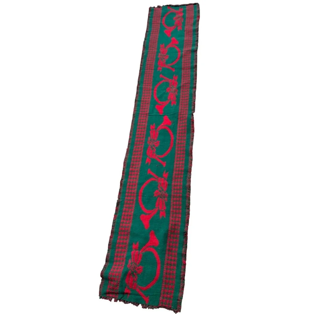 Vintage Red Green Reversible Woven Christmas Table Runner French Horn Holly 68in